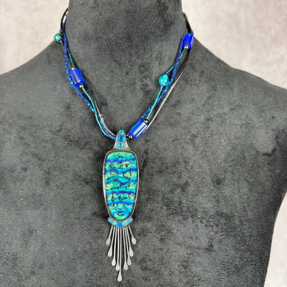 Vtg Chicos Dichroic Art Glass Pendant Bead Necklace Fringe Blue Green Whimsigoth